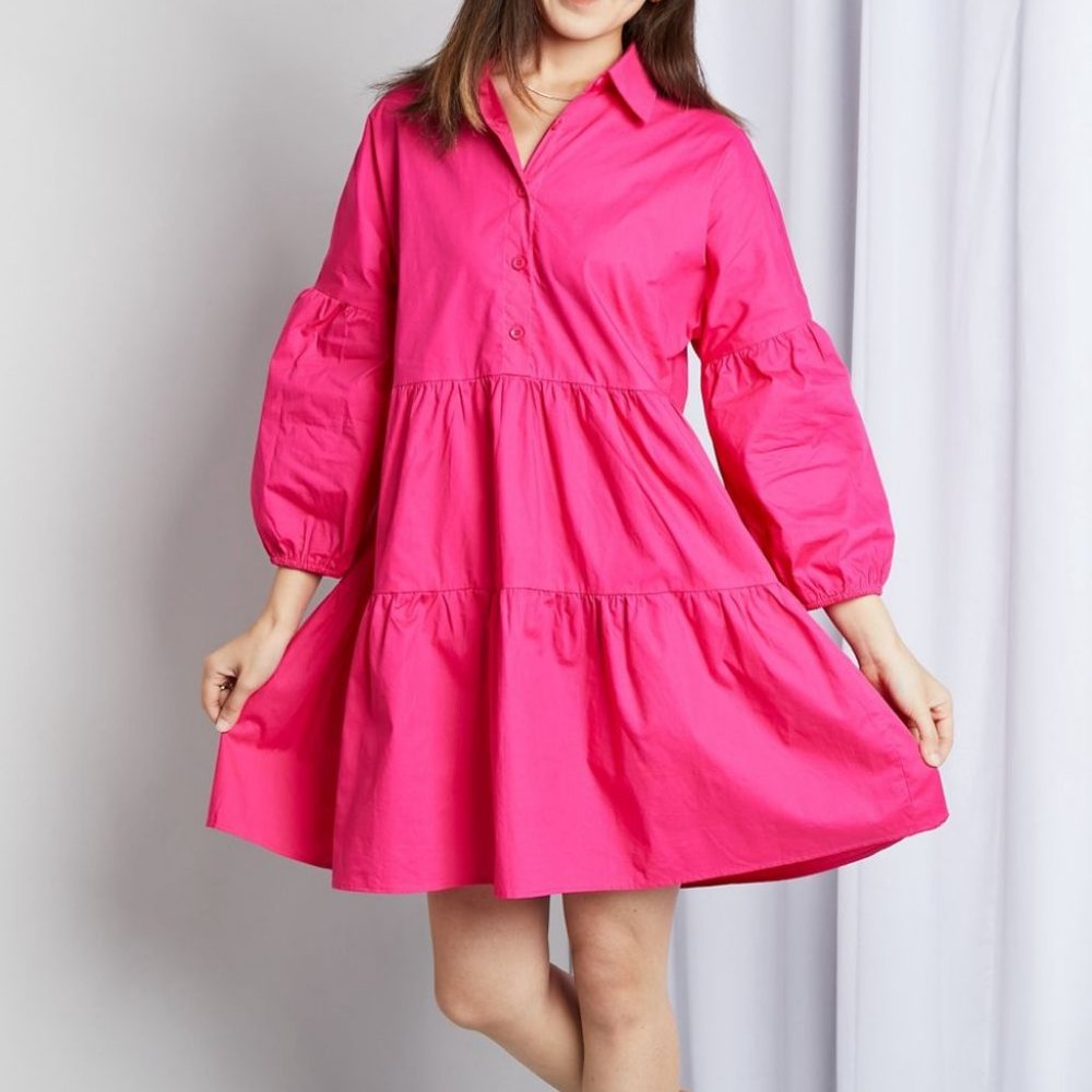 Davi & Dani Full Size Buttoned Puff Sleeve Tiered Shirt Dress